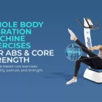 Vibration Plate Core Exercises For Abs, Stomach And Total-body Strength 15 A woman performing a seated core exercise on a vibration plate with an anatomical overlay highlighting the abdominal muscles.