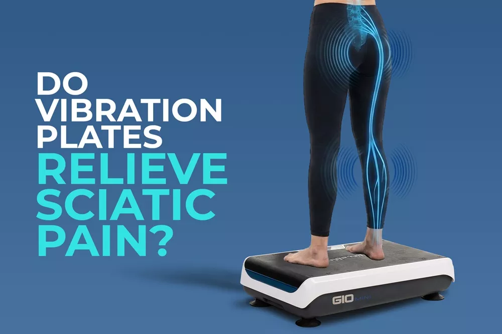 Vibration Plate Exercises For Sciatica: How To Use Them Safely For Real Relief 1 A person standing on a GIO Mini vibration plate with a digital overlay of the sciatic nerve running down the leg.