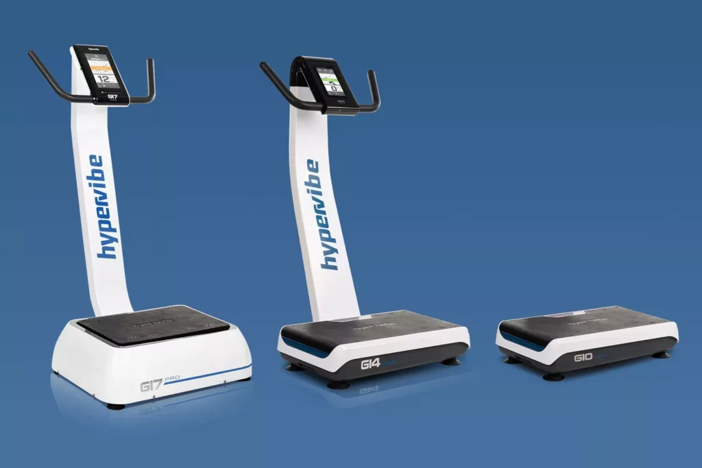 Top Vibration Plate Exercises: A Complete Guide To Safe Whole-Body Vibration Workouts 26 Three Hypervibe vibration plate models side-by-side: the G17 Pro, G14 Move, and G10 Mini.