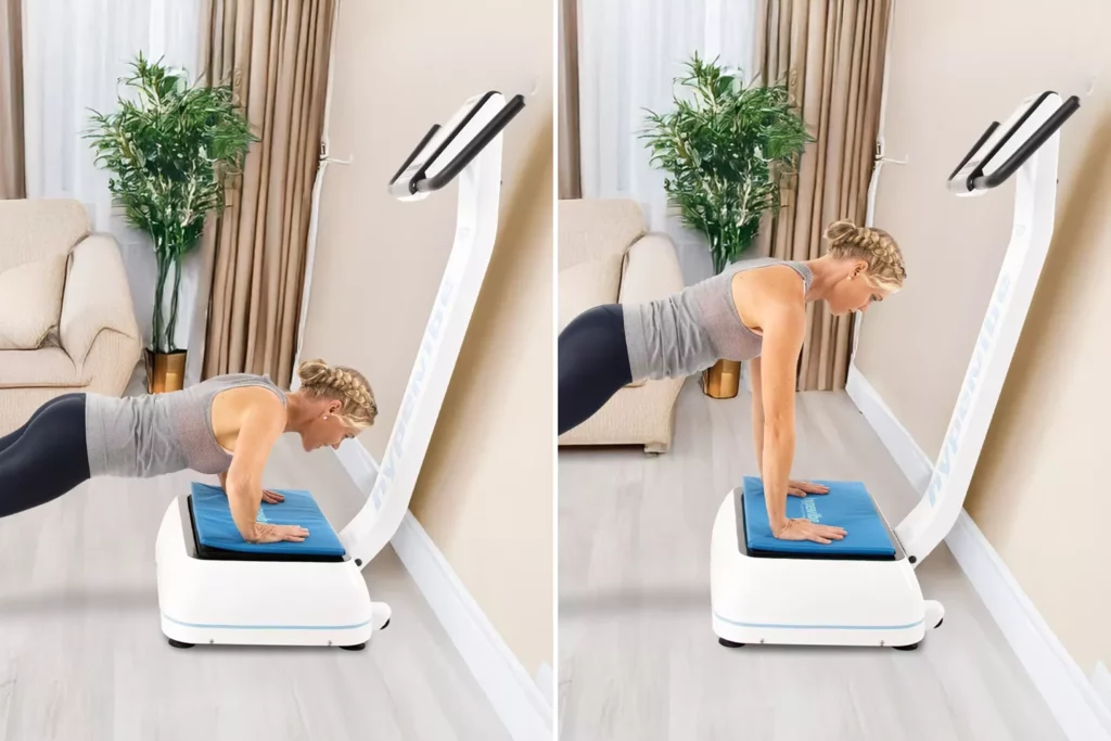 Top Vibration Plate Exercises: A Complete Guide To Safe Whole-Body Vibration Workouts 11 Split image showing the "down" and "up" phases of a push-up on a vibration plate.