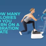 Vibration Plate Calories Burned Calculator: How Many Calories You Really Burn 17 Woman performing a dynamic lunge on a vibration plate next to a digital Calories tracking interface display overlay