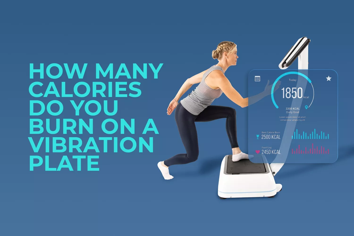 Vibration Plate Calories Burned Calculator: How Many Calories You Really Burn 1 Woman performing a dynamic lunge on a vibration plate next to a digital Calories tracking interface display overlay