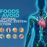 Worst foods for the lymphatic system (and what to eat instead) 5 Medical illustration of the human lymphatic system alongside icons of specific foods to avoid for optimal health.