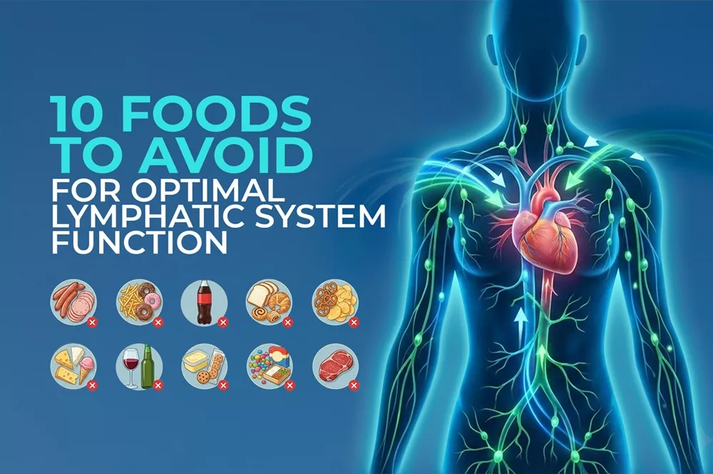 Medical illustration of the human lymphatic system alongside icons of specific foods to avoid for optimal health.
