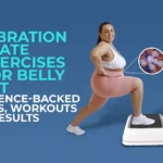Best Vibration‑Plate Exercises for Belly Fat: Science‑Backed Tips, Workouts & Results 11 A smiling woman in pink athletic wear performing a lunge on a Hypervibe vibration plate with text overlay about belly fat loss.
