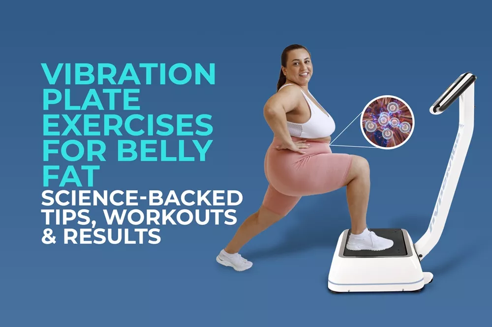 Best Vibration‑Plate Exercises for Belly Fat: Science‑Backed Tips, Workouts & Results 1 A smiling woman in pink athletic wear performing a lunge on a Hypervibe vibration plate with text overlay about belly fat loss.
