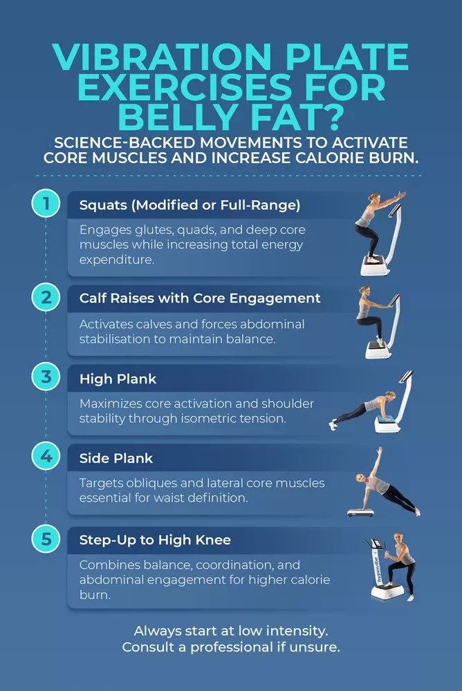 Best Vibration‑Plate Exercises for Belly Fat: Science‑Backed Tips, Workouts & Results 7 Infographic listing five vibration plate exercises: Squats, Calf Raises, High Plank, Side Plank, and Step-Up to High Knee.