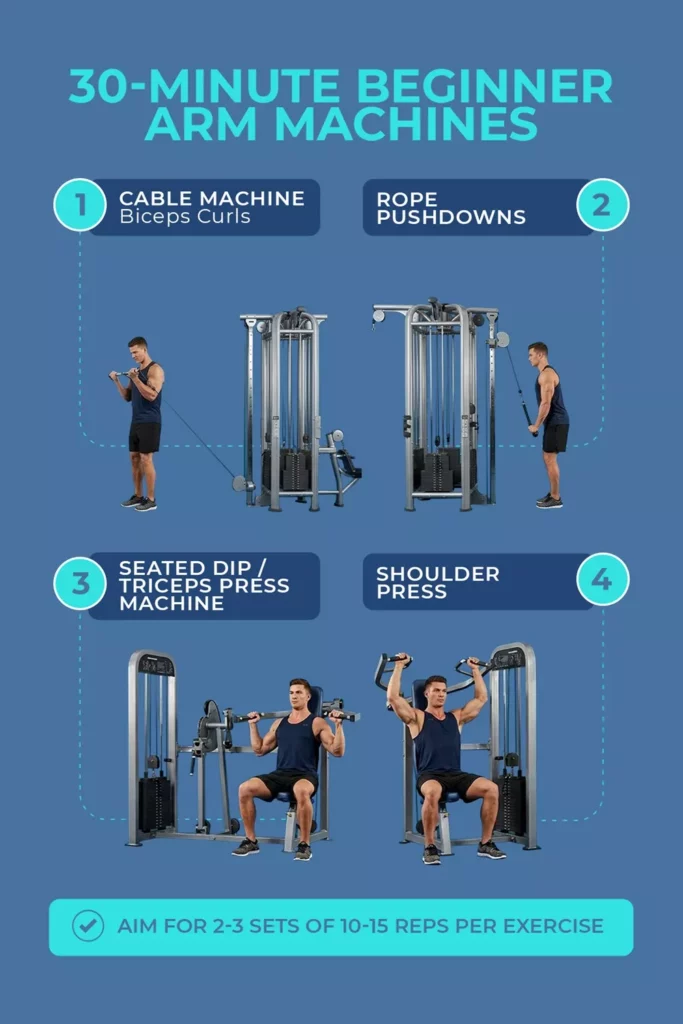 Gym Equipment for Arms: The Best Machines for Biceps, Triceps & Flabby Arms 13 Beginner workout routine featuring cable curls, rope pushdowns, seated dips, and shoulder presses.