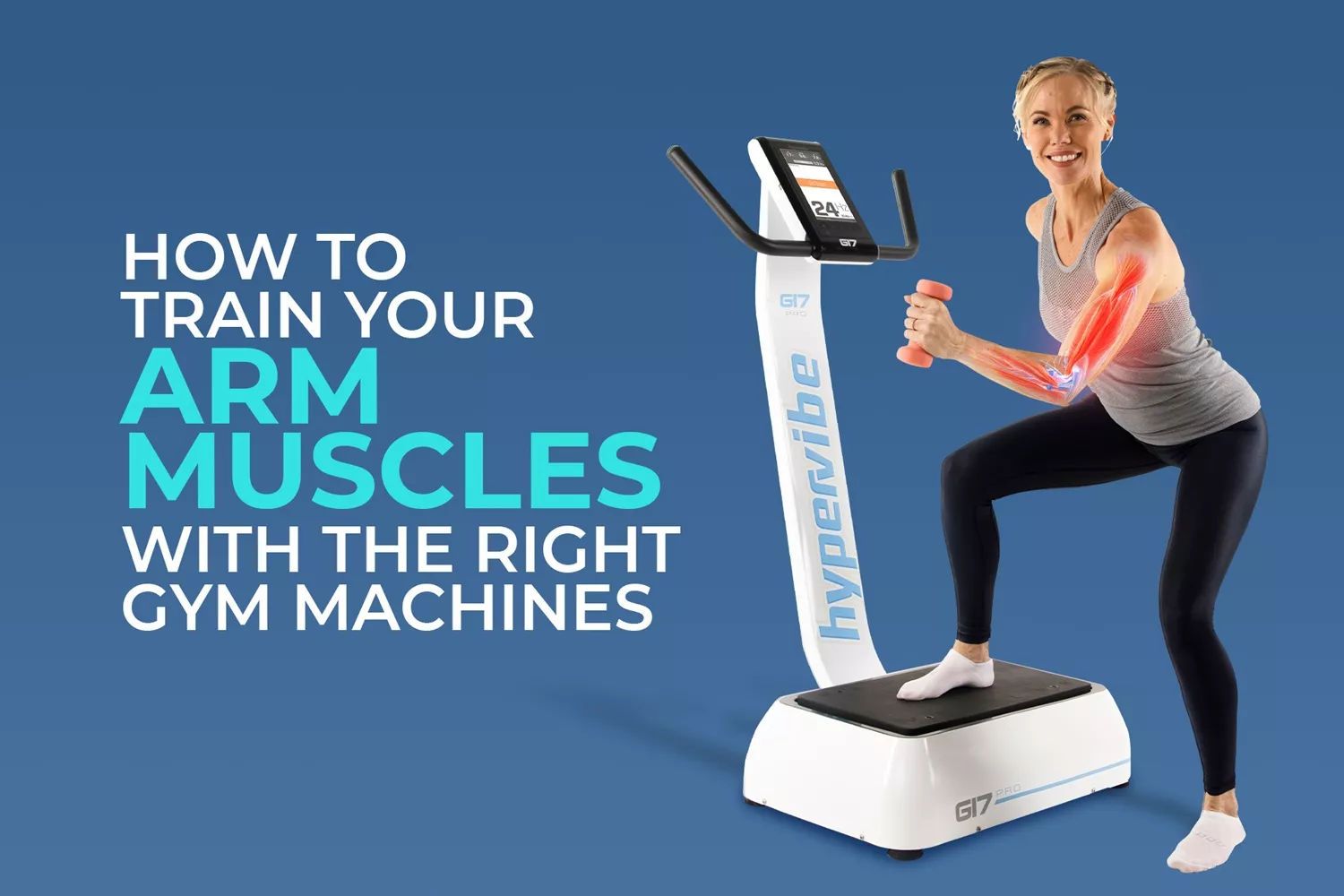 Gym Equipment for Arms: The Best Machines for Biceps, Triceps & Flabby Arms 1 Woman using a dumbbell while standing on a Hypervibe G17 Pro vibration plate for arms muscle training.