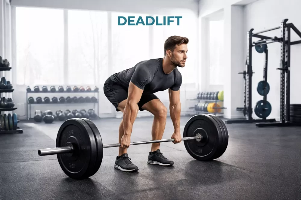 Lower Back Exercises Gym Equipment & Lower Back Exercise Machines: Complete Guide 13 A man in a gym performing a deadlift with a barbell, showing proper hinge positioning and a neutral spine.