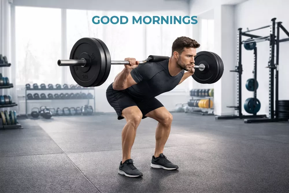 Lower Back Exercises Gym Equipment & Lower Back Exercise Machines: Complete Guide 14 A man performing the "Good Morning" exercise with a barbell on his upper back to strengthen the lumbar spine and hamstrings.