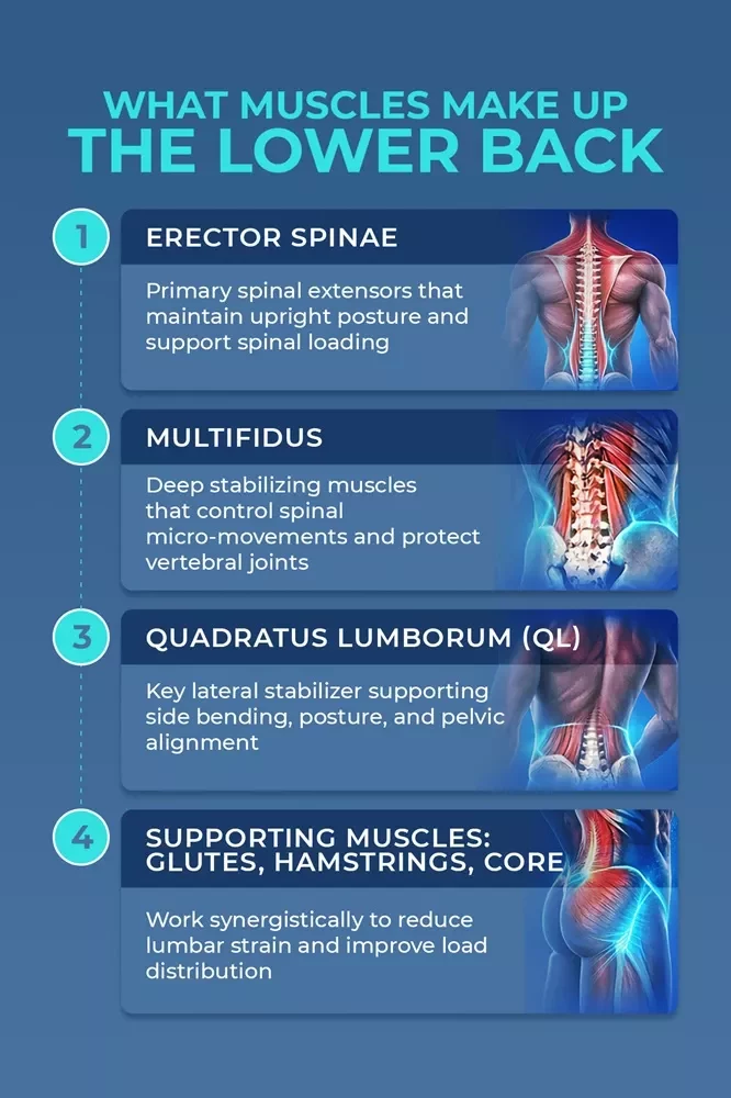 Lower Back Exercises Gym Equipment & Lower Back Exercise Machines: Complete Guide 7 Infographic detailing the four main muscle groups of the lower back: Erector Spinae, Multifidus, Quadratus Lumborum, and supporting muscles.