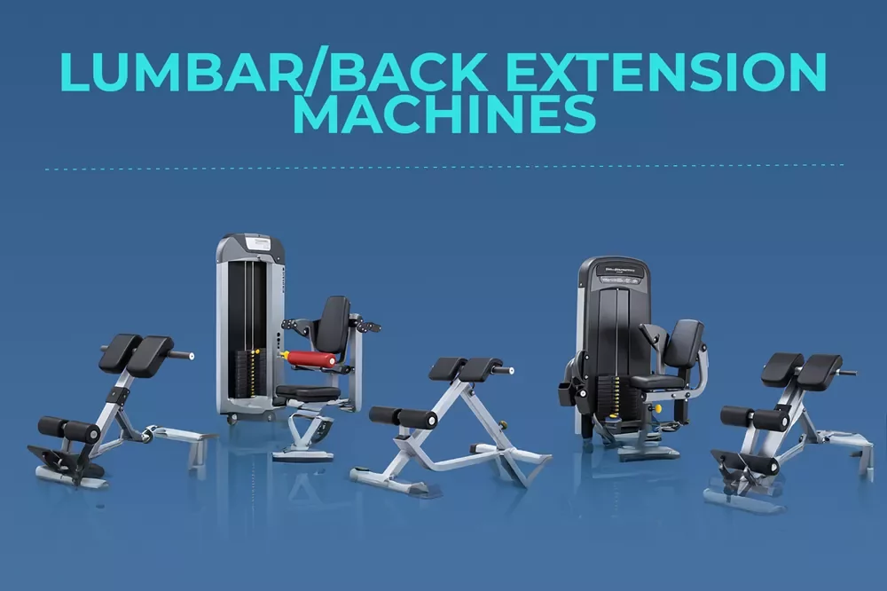 Lower Back Exercises Gym Equipment & Lower Back Exercise Machines: Complete Guide 9 A collection of various gym machines designed for lumbar and back extension exercises on a blue background.