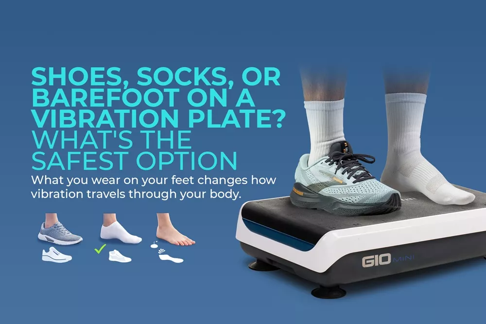safest footwear options for vibration plate A header image comparing shoes, socks, and bare feet on a vibration plate, asking which is the safest option for users.