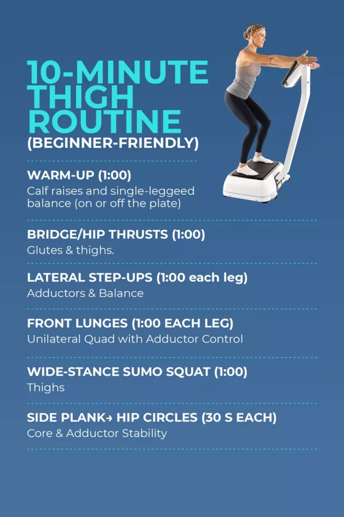 Infographic titled 10-Minute Thigh Routine (Beginner-Friendly) with illustrated woman on a vibration plate and step-by-step exercise guide