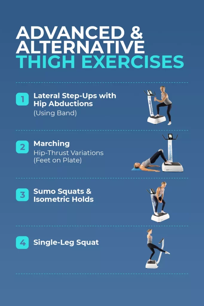 Infographic titled Advanced & Alternative Thigh Exercises with four illustrated movements.
