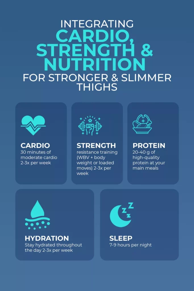 Infographic titled Integrating Cardio, Strength & Nutrition for Stronger & Slimmer Thighs with icons for cardio, strength, protein, hydration, and sleep, each paired with