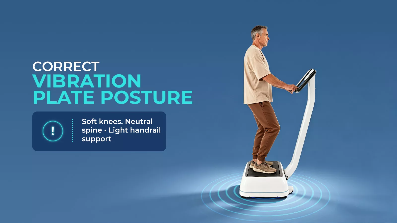 correct vibration plate standing posture guide Man standing on a white vibration plate machine demonstrating correct posture with bent knees, neutral spine, and light grip on handrails