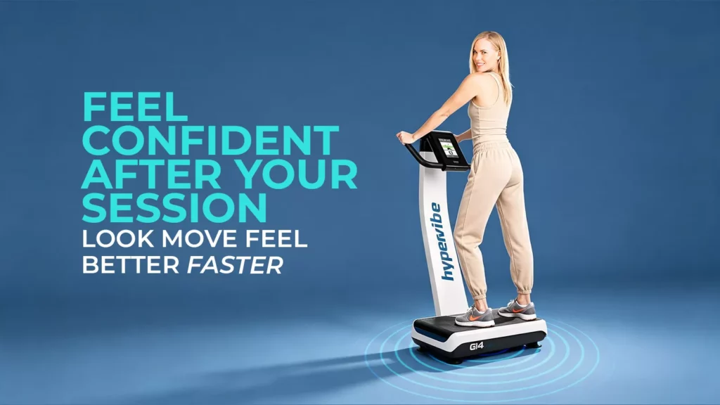 hypervibe vibration plate lifestyle fitness workout Smiling woman exercising on a Hypervibe G14 vibration plate platform in athletic clothing
