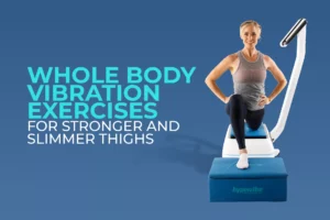 woman demonstrating squat on a Vibration Platform, headline reads Whole Body Vibration Exercises for Stronger and Slimmer Thighs