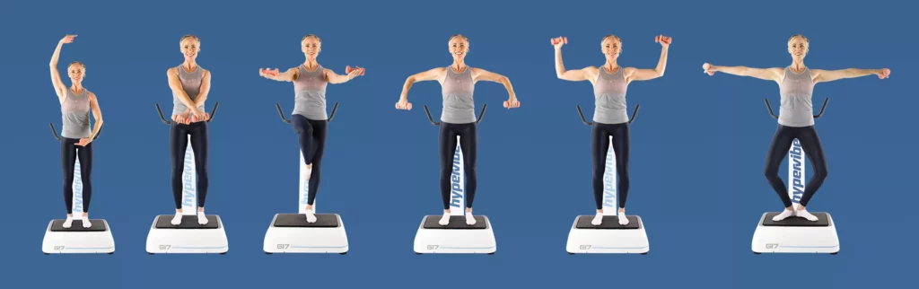 woman doing front and lateral raises on a vibration platform from Hypervibe