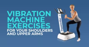 woman performing shoulder press with dumbbells on a vibration machine, illustrating vibration machine exercises for shoulders and upper arms