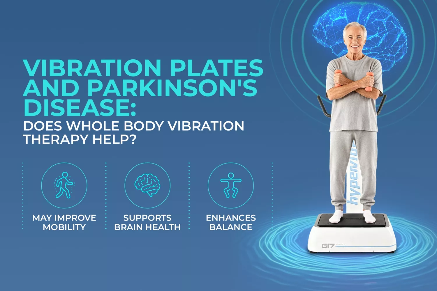 Vibration Plates and Parkinsons Disease Older man holding small hand weights while standing on a Hypervibe G17 Pro vibration machine with text asking if whole body vibration therapy helps Parkinson's Disease
