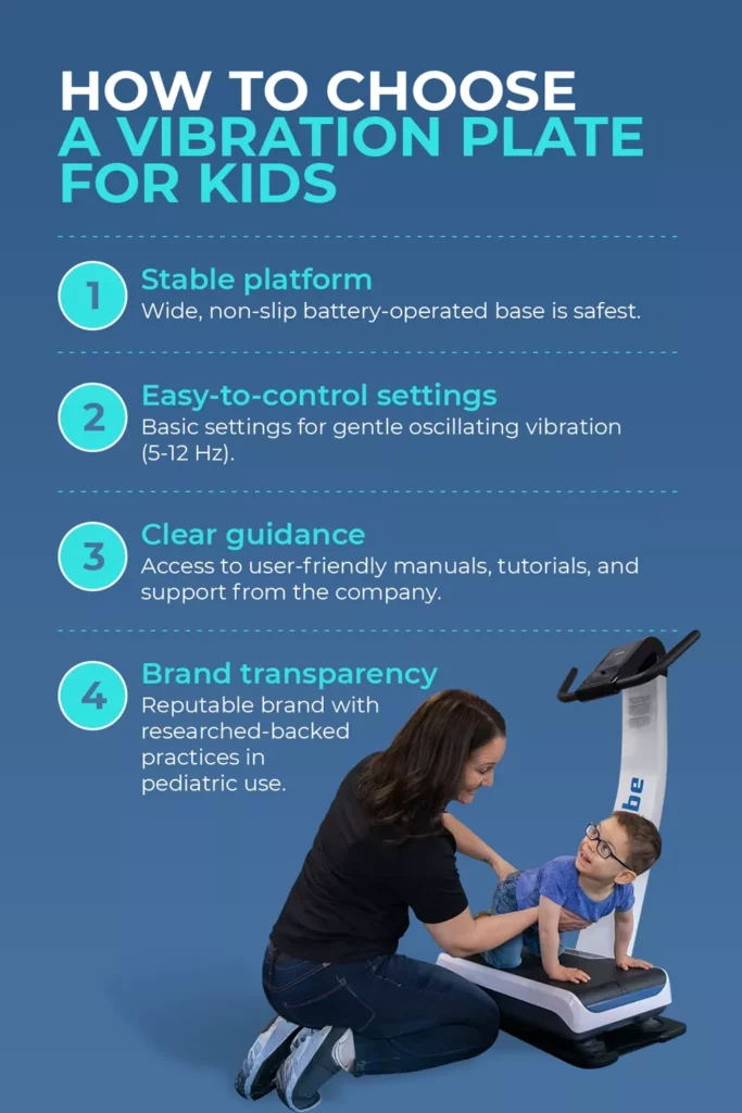 choosing safe vibration plate for kids Infographic titled "How to Choose a Vibration Plate for Kids" with tips on stability, frequency settings, guidance, and brand reputation.