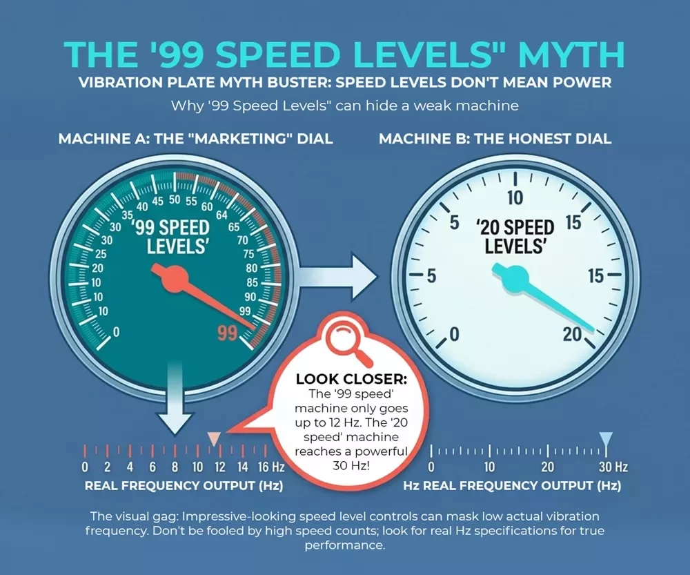 vibration plate 99 speed levels myth explained Myth-busting infographic comparing a marketing dial displaying 99 speed levels reaching 12 Hz versus an honest dial displaying 20 speed levels reaching 30 Hz