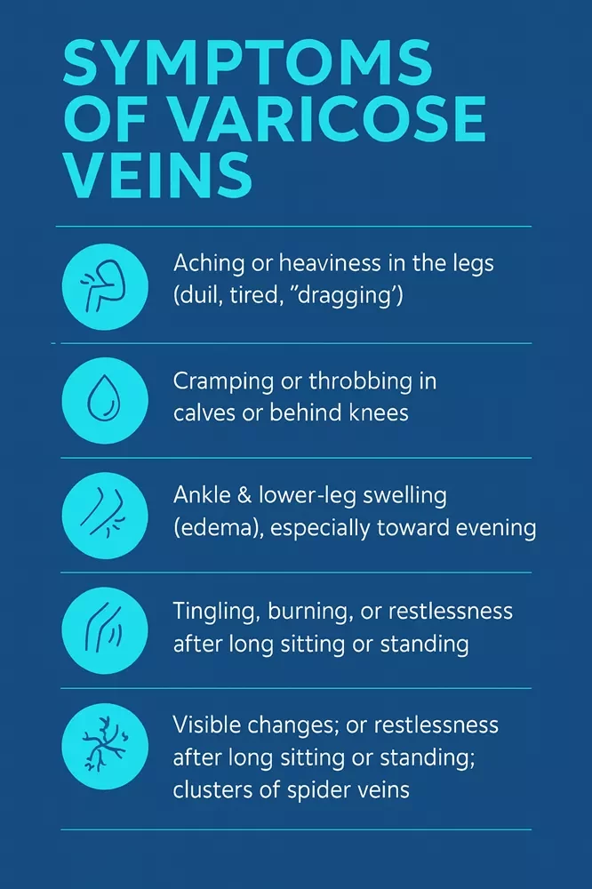 Infographic listing symptoms of varicose veins