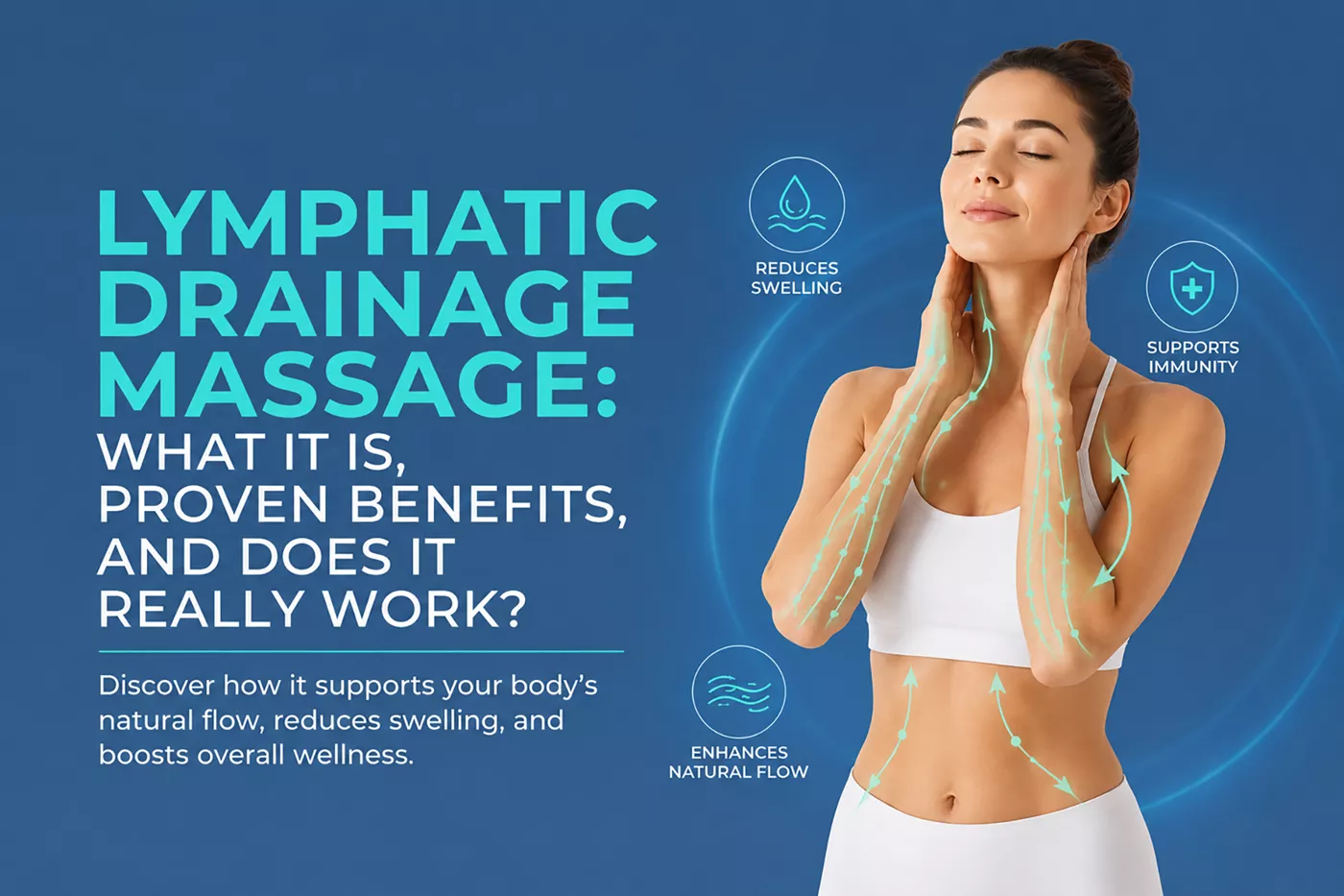 benefits of lymphatic drainage massage diagram Graphic illustration of a woman touching her neck with glowing green arrows representing lymphatic flow lines on her arms and torso.
