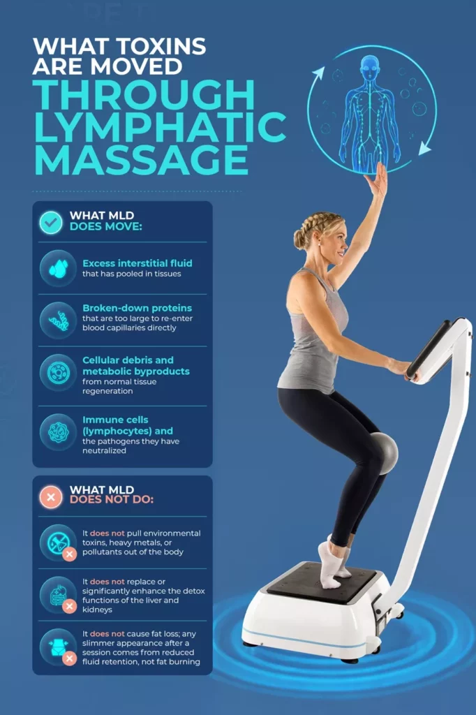 lymphatic massage detox myths facts Educational infographic contrasting what manual lymphatic drainage moves, like interstitial fluid and cellular debris, versus what it does not do.