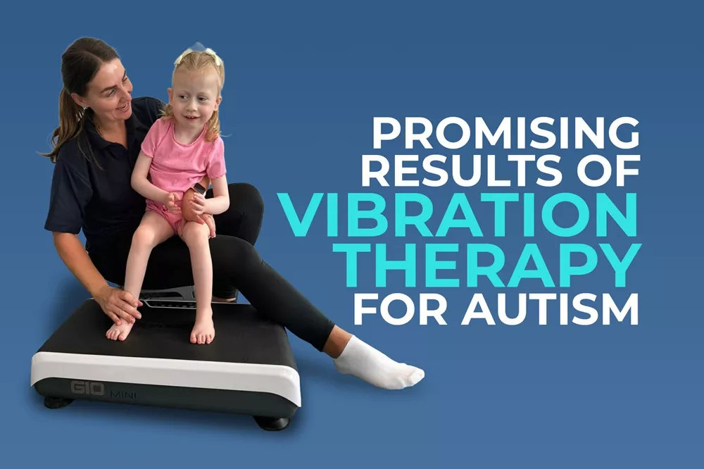 vibration therapy autism benefits guide A woman holding a young girl on a vibration plate with text overlay reading Promising Results of Vibration Therapy for Autism.