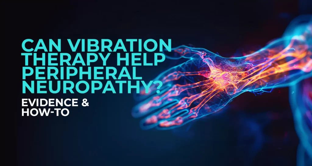 illustration of the nervous system in a hand with highlighted nerves, alongside text asking whether vibration therapy can help peripheral neuropathy