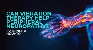 illustration of the nervous system in a hand with highlighted nerves, alongside text asking whether vibration therapy can help peripheral neuropathy