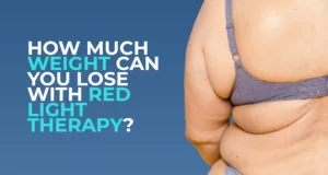 A woman holding a red light therapy device with a headline asking how much weight you can lose with red light therapy