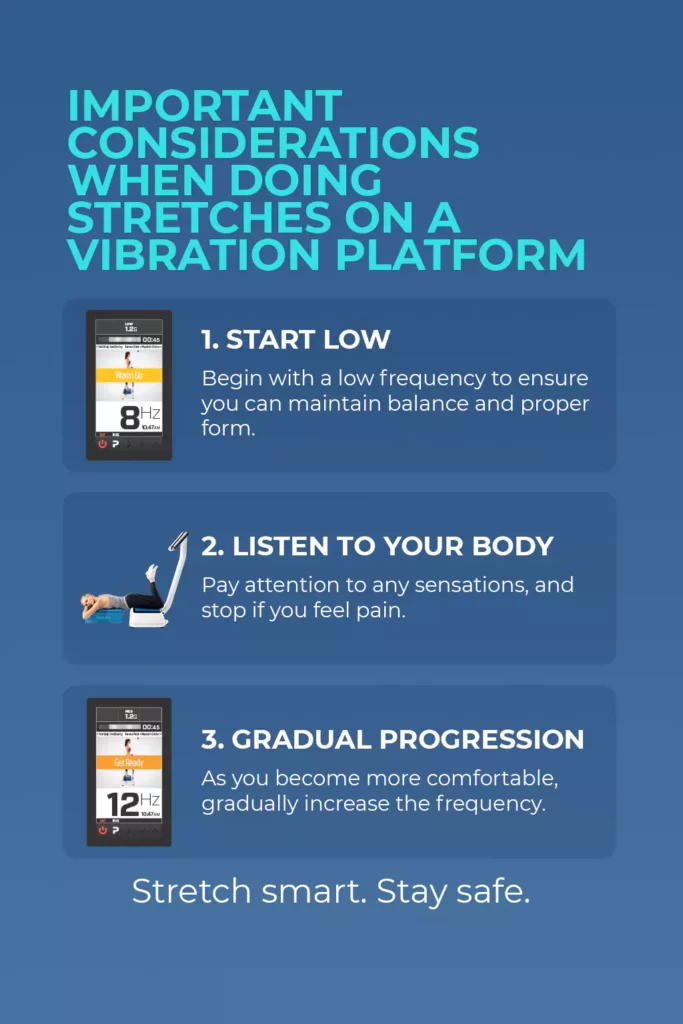 Infographic showing safety tips for stretching on a vibration platform start low, listen to your body, and progress gradually