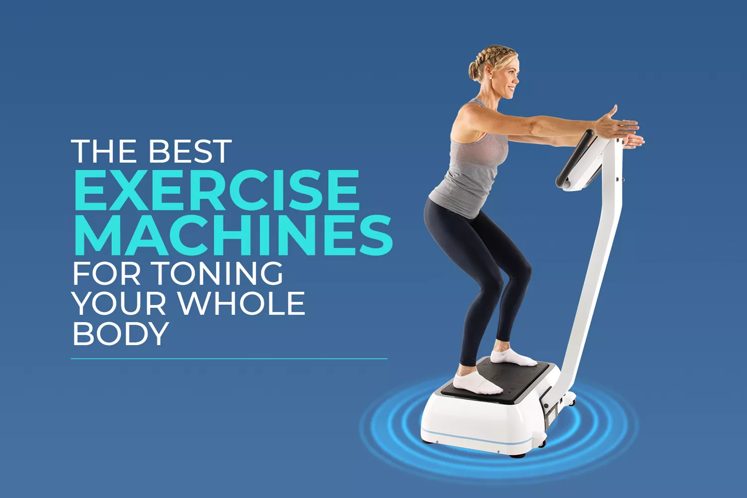 best whole body toning vibration exercise machine A woman performing a squat position on a white Hypervibe whole body vibration machine to tone her entire body.