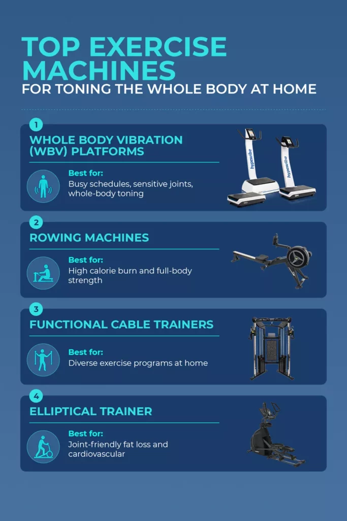 top home exercise machines full body toning Infographic listing the top four home exercise machines for full-body toning, including whole body vibration platforms, rowing machines, functional cable trainers, and elliptical trainers.