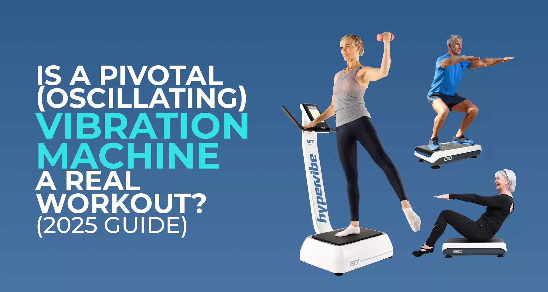 A fit woman wearing a grey tank top and black leggings performs a squat on a Hypervibe G10 Mini oscillating vibration platform
