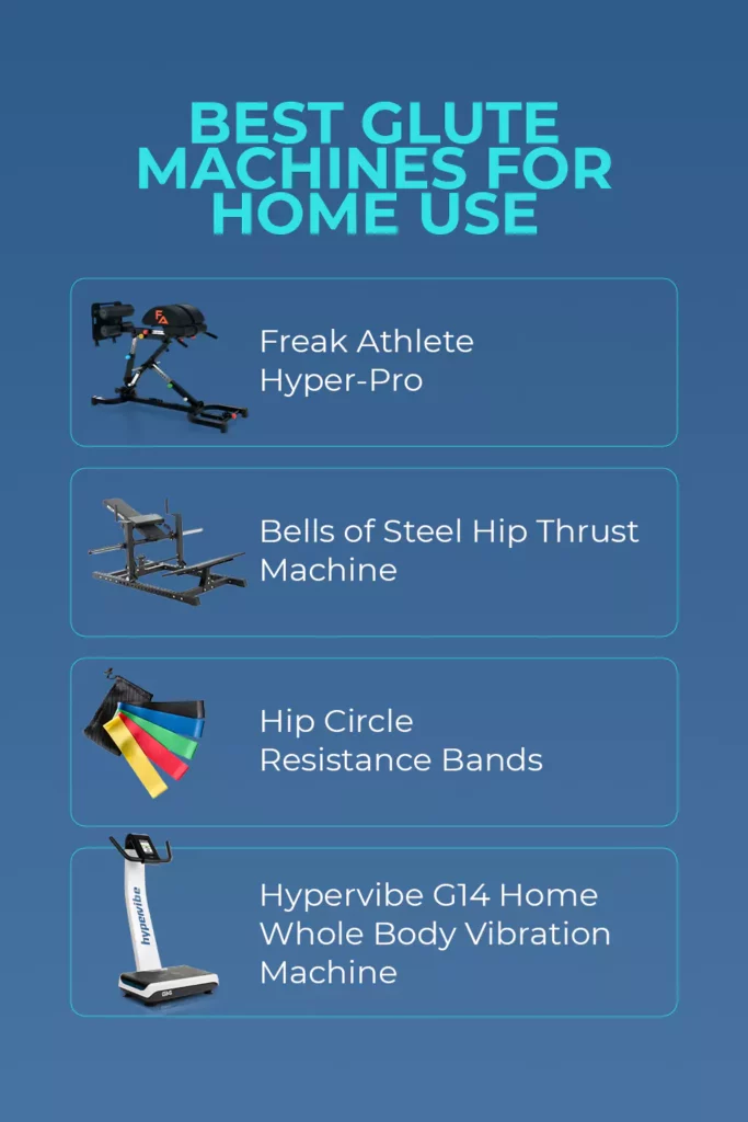 Infographic listing top glute machines for home workouts with illustrations