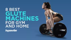 Woman squatting with barbell beside bold title “8 Best Glute Machines for Gym and Home