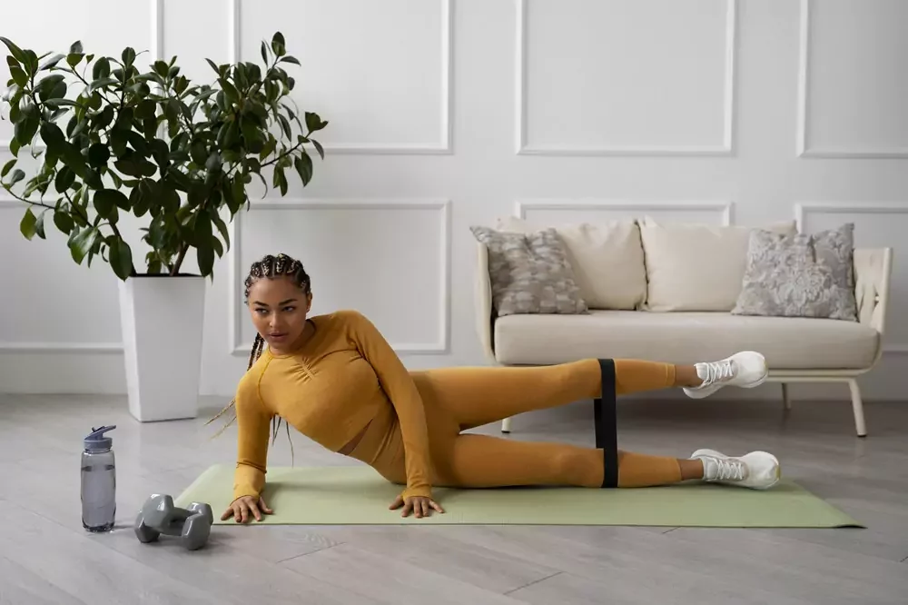 woman training on a yoga mat with a resistance band