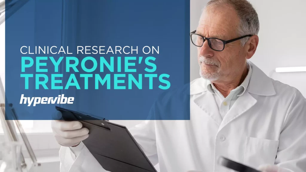 Doctor looking at chart with the headline Clinical research on Peyronie's treatments