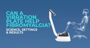 An illustration of man affected by Fibromyalgia alongside the question of whether a vibration plate can help