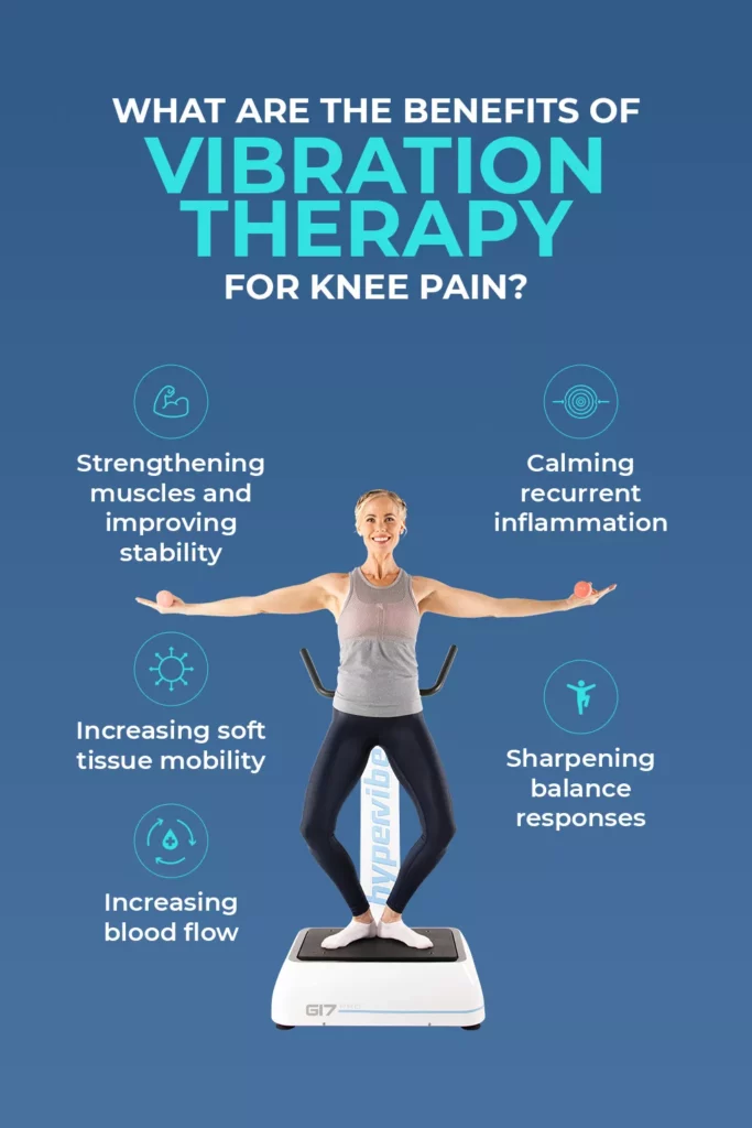 Woman on a hypervibe vibration machine with benefits of using a vibration machine for knee pain