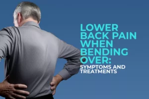elderly man clutching his back in pain with headline lower back pain when bending over