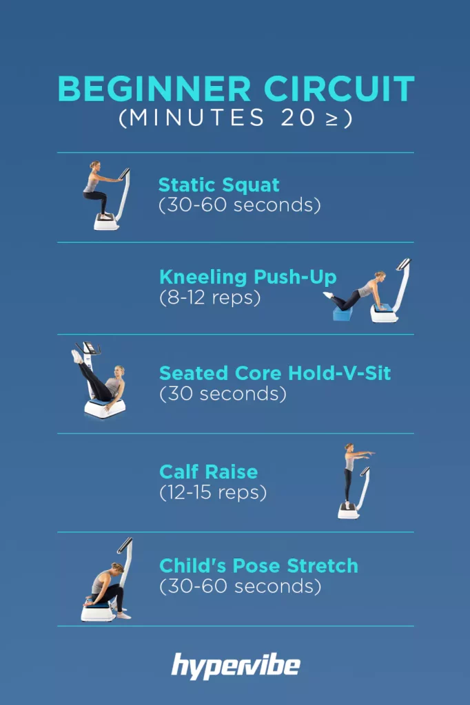 20-minute beginner vibration workout with five illustrated exercises