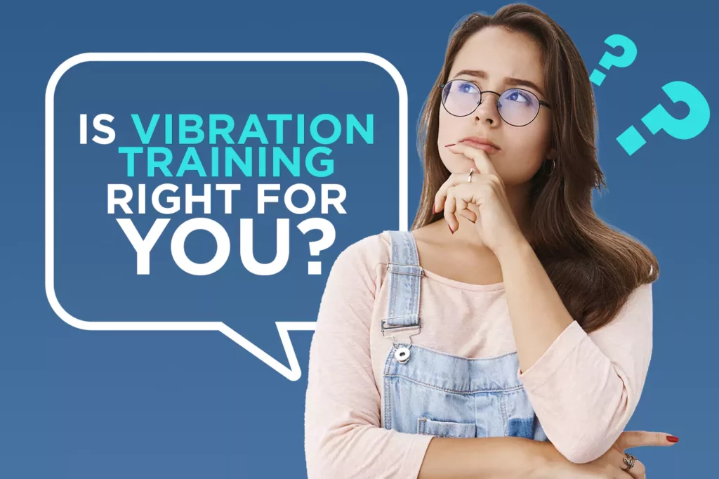 A promotional image of a young African-American woman with curly hair and glasses, looking thoughtful against a blue background. She wears a red headband and striped shirt. A speech bubble next to her reads, "Is Vibration Training Right for YOU?" with large question marks and the Hypervibe logo prominently displayed.