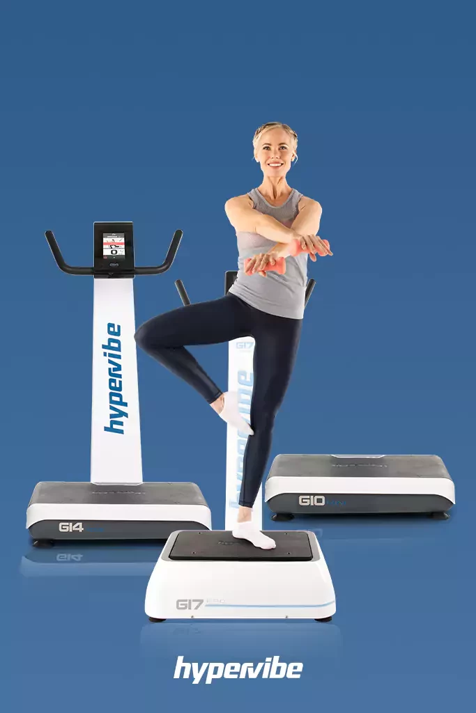 woman exercising on a G17 hypervibe vibration platform